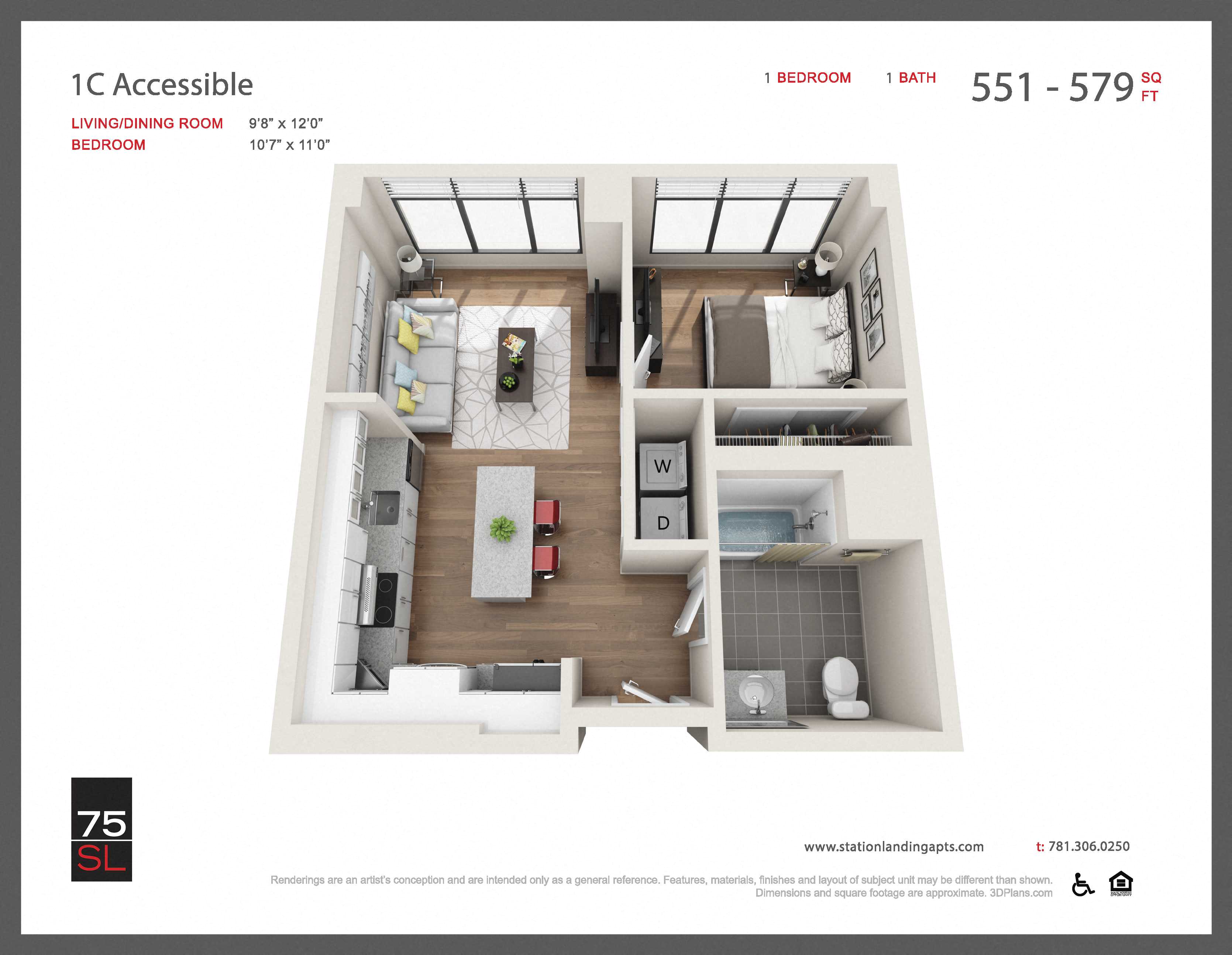 Floor plan for 1 bed, 1 bath